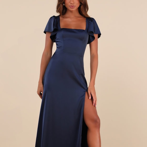 Lulus Ultimate Sweetness Navy Blue Satin Flutter Sleeve Maxi Dress - Size S - Picture 1 of 2